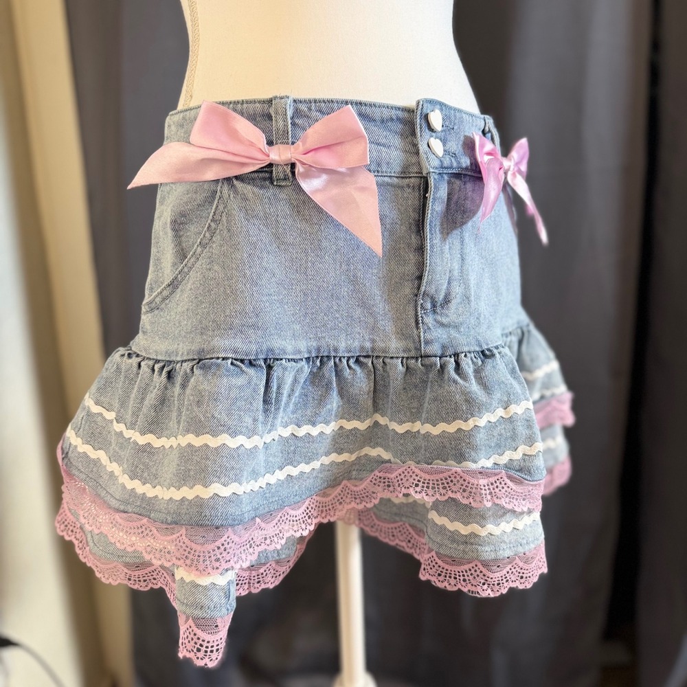 Sweet Society Denim Mini Skirt Pink Bows Lace Ruffle Coquette Y2K Blue Med